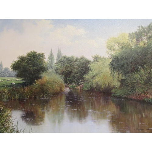 1229 - GRAHAM PETLEY - QUIET RIVER WITH SHEEP GRAZING, SIGNED, OIL ON CANVAS, FRAMED, 44CM X 60CM