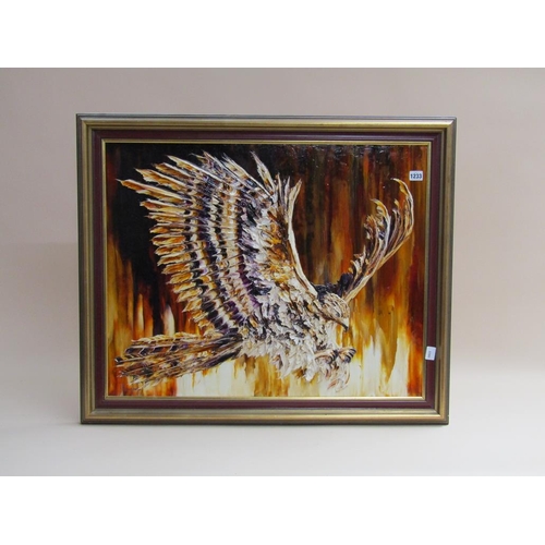 1233 - MARGARET JEAN JURY - THE EAGLE, OIL RELIEF ON PANEL, FRAMED, 60CM X 75CM