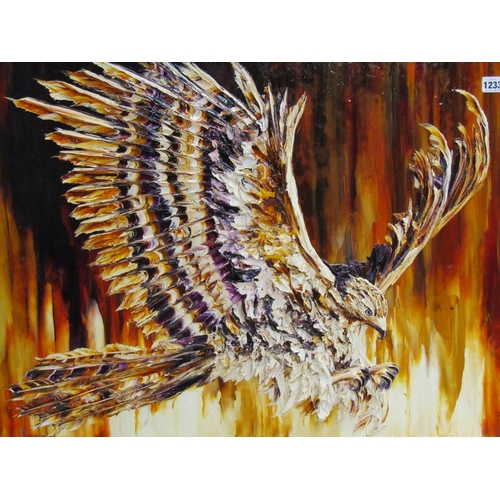 1233 - MARGARET JEAN JURY - THE EAGLE, OIL RELIEF ON PANEL, FRAMED, 60CM X 75CM