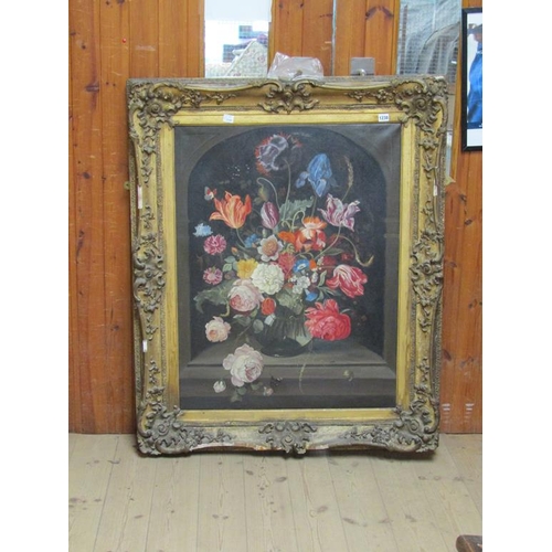 1238 - UNSIGNED LATE 19C - A VASE OF FLOWERS AND ROSES, OIL ON CANVAS, FRAMED, 90CM X 69CM