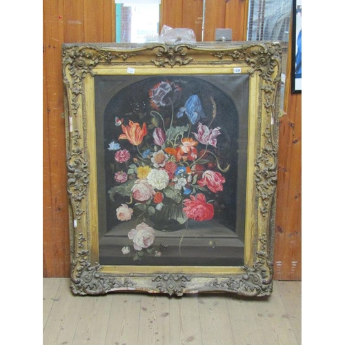 1238 - UNSIGNED LATE 19C - A VASE OF FLOWERS AND ROSES, OIL ON CANVAS, FRAMED, 90CM X 69CM