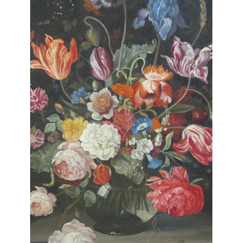 1238 - UNSIGNED LATE 19C - A VASE OF FLOWERS AND ROSES, OIL ON CANVAS, FRAMED, 90CM X 69CM