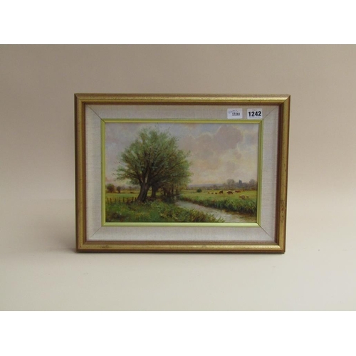 1242 - J GREENWELL - THE RIVER THAME AT CHEARSLEY, SIGNED, OIL ON BOARD, FRAMED, 21CM X 32CM