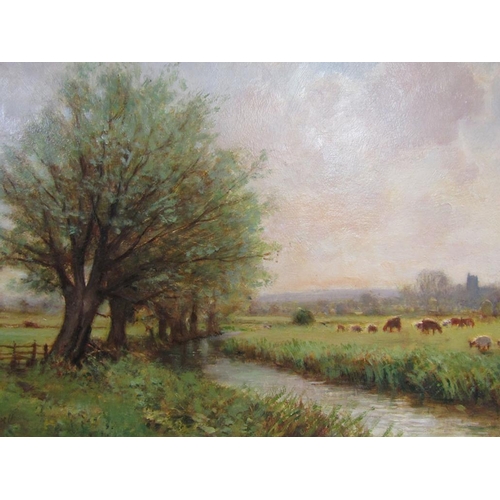 1242 - J GREENWELL - THE RIVER THAME AT CHEARSLEY, SIGNED, OIL ON BOARD, FRAMED, 21CM X 32CM