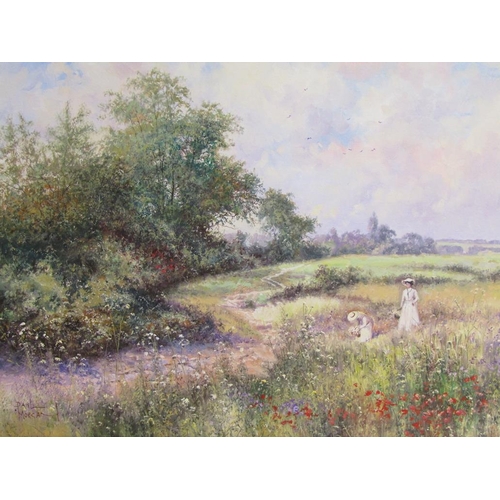 1244 - PAUL MORGAN - TWO LADIES IN A FIELD PICKING WILKD FLOWERS, SIGNED OIL ON BOARD, FRAMED, 39CM X 49CM