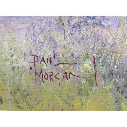 1244 - PAUL MORGAN - TWO LADIES IN A FIELD PICKING WILKD FLOWERS, SIGNED OIL ON BOARD, FRAMED, 39CM X 49CM
