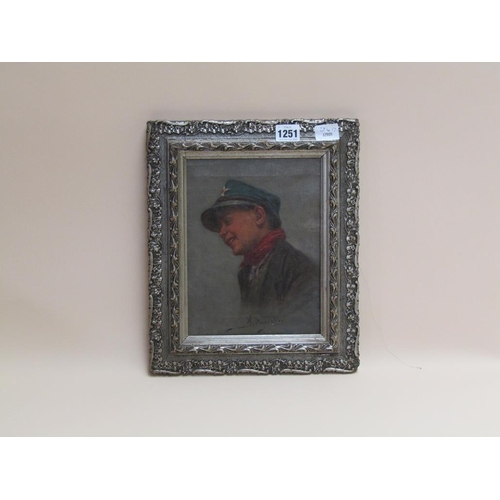 1251 - PETRICELLI - YOUNG POSTMAN, SIGNED OIL ON CANVAS, FRAMED, 23CM X 17CM