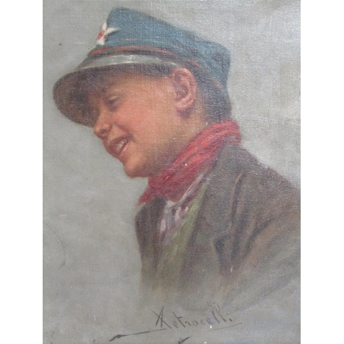 1251 - PETRICELLI - YOUNG POSTMAN, SIGNED OIL ON CANVAS, FRAMED, 23CM X 17CM