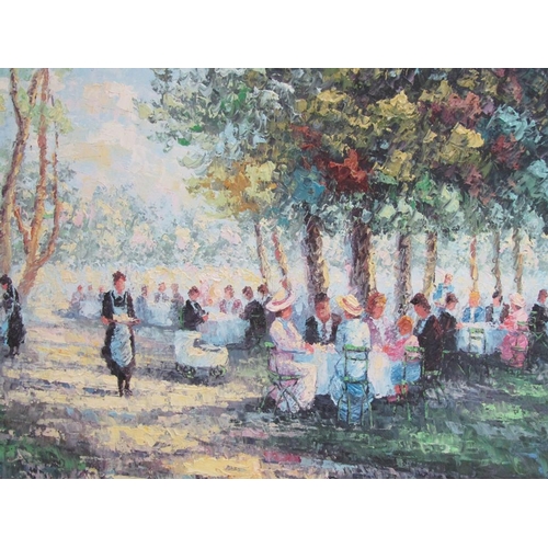 1257 - P ARNOUX - PARISAN TEA PARTY, SIGNED OIL ON CANVAS, FRAMED, 50CM X 60CM