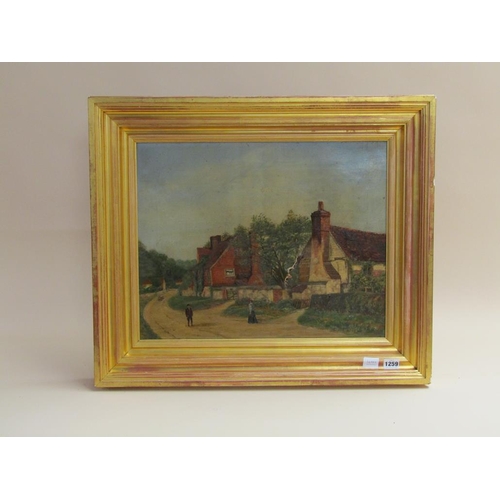 1259 - UNSIGNED 19C - VILLAGE STREET WITH COTTAGES, OIL ON CANVAS, FRAMED, A/F, 40CM X 50CM