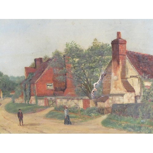 1259 - UNSIGNED 19C - VILLAGE STREET WITH COTTAGES, OIL ON CANVAS, FRAMED, A/F, 40CM X 50CM