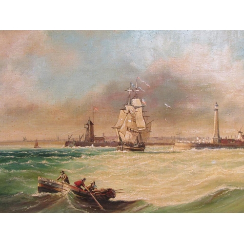 1262 - FRED TORDOFF - SAILING VESSEL ENTERING HARBOUR WITH FISHING BOAT 'SUNDERLAND 25', SIGNED OIL ON CANV... 