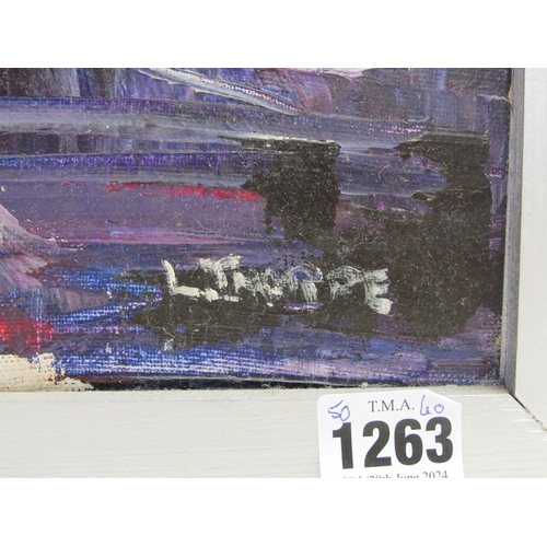 1263 - L THORPE - ABSTRACT HARBOUR SCENE, SIGNED OIL ON CANVASM, FRAMED, 50CM X 60CM