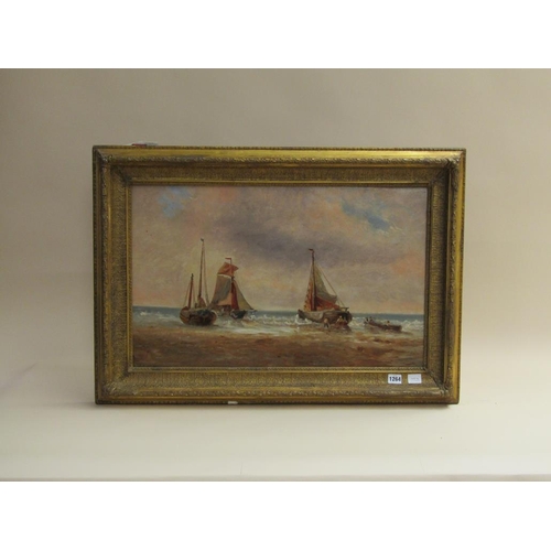 1264 - UNSIGNED 19C - UNLOADING THE BOATS, OIL ON CANVAS, FRAMED, 42CM X 67CM