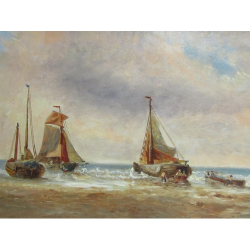 1264 - UNSIGNED 19C - UNLOADING THE BOATS, OIL ON CANVAS, FRAMED, 42CM X 67CM