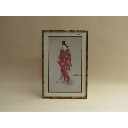 1279 - ORIENTAL PRINT OF A LADY WITH SCRIPT AND SEAL, F/G, 42CM X 37CM