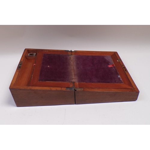 1342 - VICTORIAN MAHOGANY WRITING BOX WITH BRASS INLAY, 27CM W