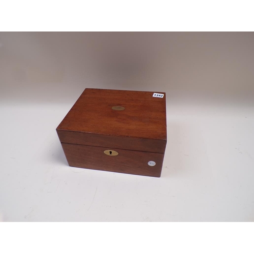 1342 - VICTORIAN MAHOGANY WRITING BOX WITH BRASS INLAY, 27CM W