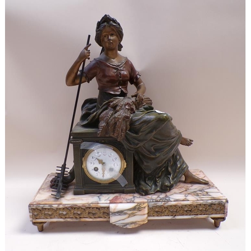 1356 - LATE 19C FRENCH MANTEL CLOCK DEPICTING A BRONZED FEMALE FIGURE, 53CM H