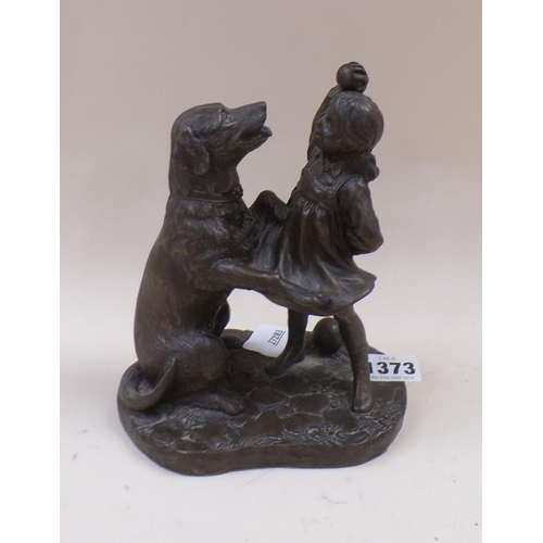 1373 - BRONZED RESIN FIGURE GROUP - GIRL AND DOG, 20CM H