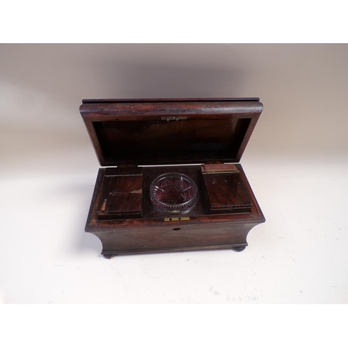 1376 - 19C ROSEWOOD TWO COMPARTMENT TEA CADDY WITH MIXING BOWL, 36CM W