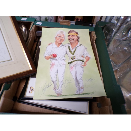 194 - BOX OF CRICKET MEMORABILIA TO INCL SIGNED PRINTS