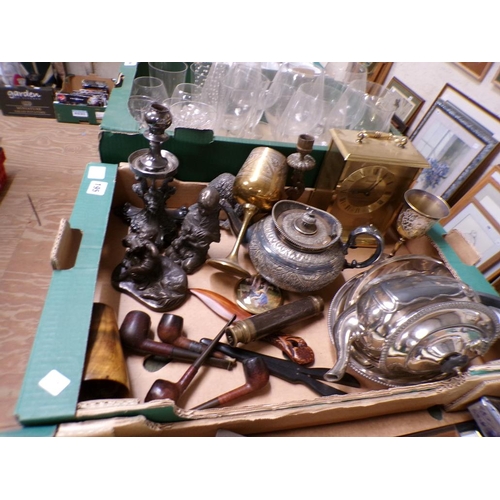 195 - BOX OF MISC TO INCL MIXED SILVER PLATE, CLOCKS ETC