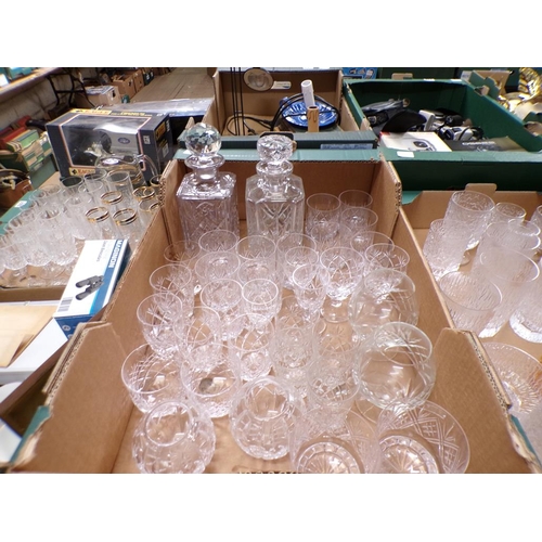 228 - BOX OF CRYSTAL GLASS, DECANTERS ETC