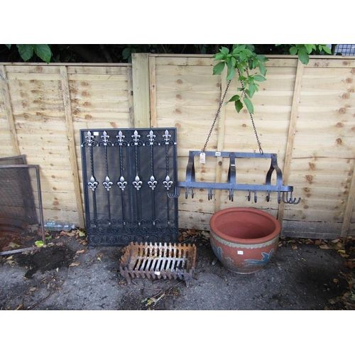 990 - PLANTER, SPARK GUARD AND CAST IRON HANGING RACK ETC