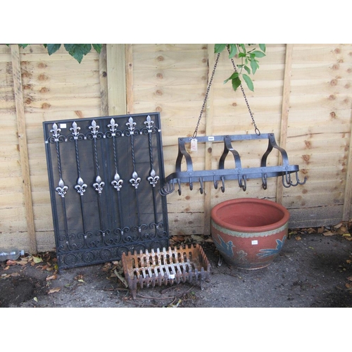 990 - PLANTER, SPARK GUARD AND CAST IRON HANGING RACK ETC