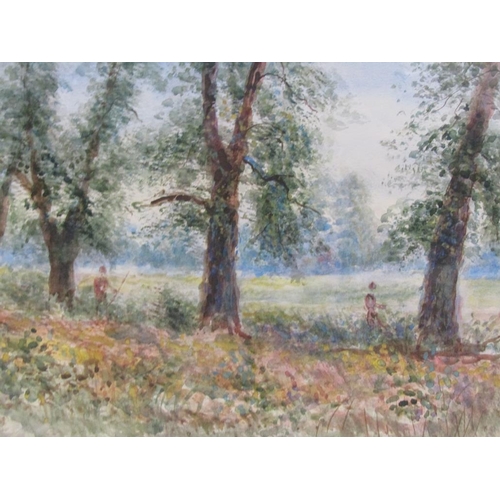 1204 - WILLIAM FREEMAN - TWO FIGURES IN A LINE OF TREES, WATERCOLOUR, F/G, 28CM X 38CM