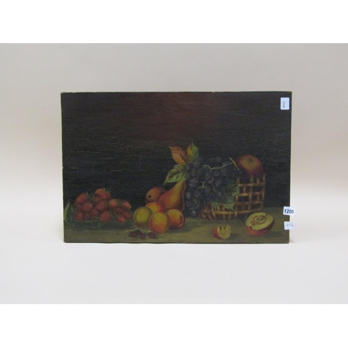 1205 - L PEAT 1904 - PAIR OF STILL LIFE FRUIT AND BASKETS, OIL ON CANVAS, UNFRAMED EACH 40CM X 60CM