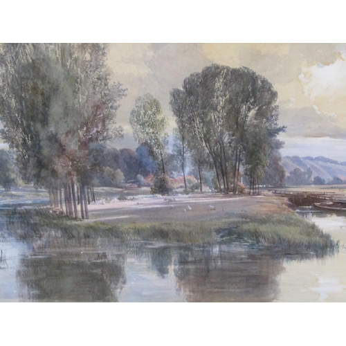 1209 - P.J NATFEL - BEND IN THE RIVER WITH SHEEP GRAZING, SIGNED WATERCOLOUR, F/G, 32CM X 67CM