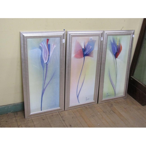 1210 - SIGNED INDISTINCTLY - THREE TULIP PIPE FLOWERS, WATERCOLOURS, F/G, EACH 69CM X 29CM