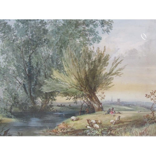 1212 - UNSIGNED LATE 19C - SHEEP ON A RIVERBANK WITH FIGURES RESTING, WATERCOLOUR, F/G, 50CM X 72CM