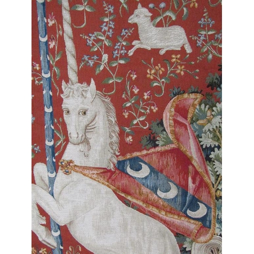 1217 - MACHINED TAPESTRY WALL HANGING - UNICORN AND SHEEP, 185CM X 72CM