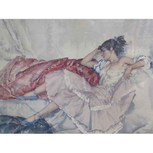 1218 - W RUSSELL FLINT - LADY RECLINING , COLOURED PRINT, F/G, 40CM X 57CM