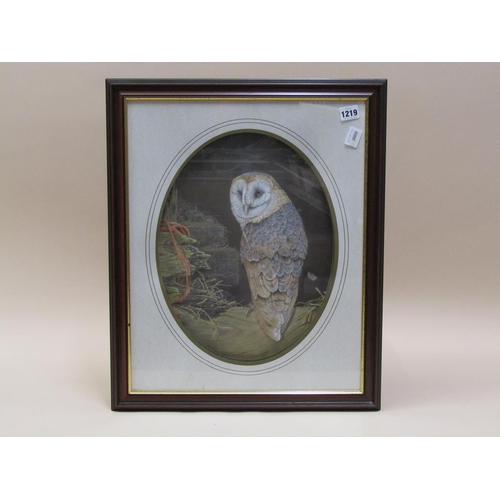 1219 - COLOURED PAPER COLLAGE OF A BARN OWL, OVAL FRAMED, 40CM X 30CM