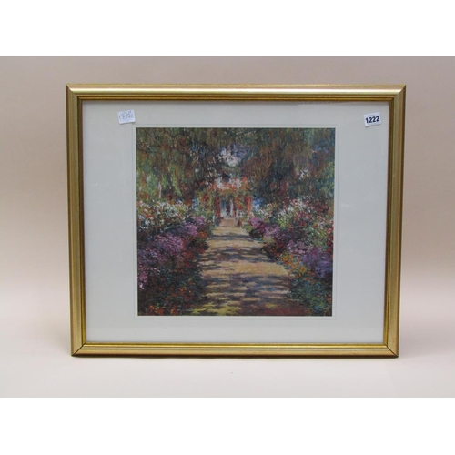 1222 - CLAUDE MONET - THE GARDEN AVENUE, COLOURED PRINT, F/G, 37CM X 38CM