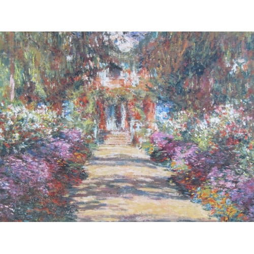 1222 - CLAUDE MONET - THE GARDEN AVENUE, COLOURED PRINT, F/G, 37CM X 38CM