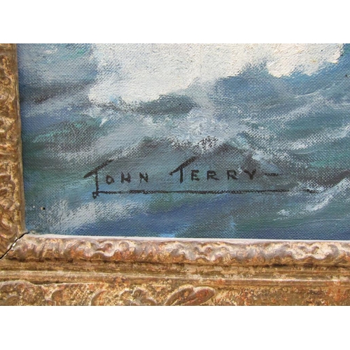 1238 - JOHN TERRY - SAILNG VESSEL IN ROUGH WATERS, SIGNED, OIL ON CANVAS, FRAMED, 50CM X 75CM