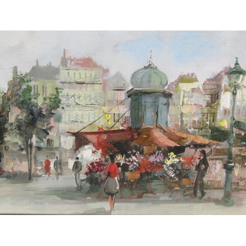 1240 - THROORSCHOR - CONTINENTAL CITY STREET SCENE WITH MARKET STALLS, SIGNED, OIL ON CANVAS, FRAMED, 40CM ... 