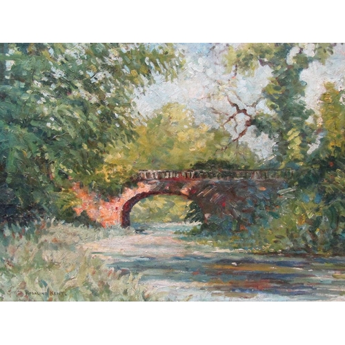 1241 - ROSALIND KENT - RIVER PASSING UNDER A BRIDGE, SIGNED OIL ON BOARD, FRAMED, 43CM X 58CM