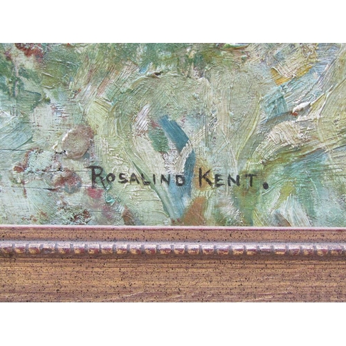 1241 - ROSALIND KENT - RIVER PASSING UNDER A BRIDGE, SIGNED OIL ON BOARD, FRAMED, 43CM X 58CM