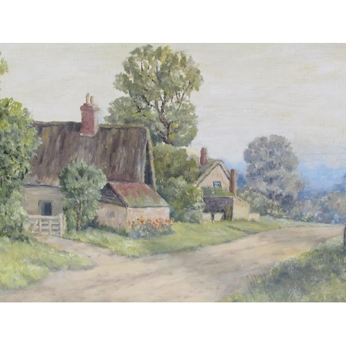 1248 - B.A CROOK - THATCHED COTTAGES CLOSE TO A ROAD, SIGNED OIL ON BOARD, FRAMED, 29CMX X 44CM