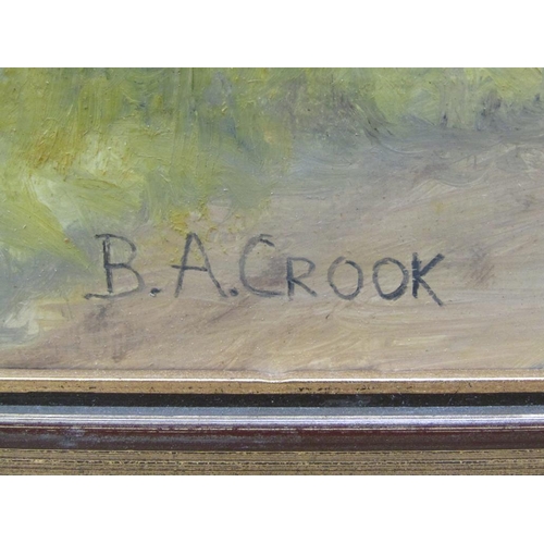 1248 - B.A CROOK - THATCHED COTTAGES CLOSE TO A ROAD, SIGNED OIL ON BOARD, FRAMED, 29CMX X 44CM