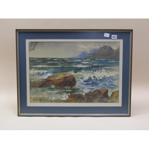 1251 - MARCEL PITAN - ROCKY COASTAL SCENE, SIGNED WATERCOLOUR, F/G, 37CM X 54CM