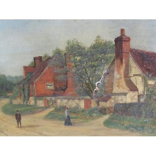 1256 - UNSIGNED LATE 19C - VILLAGE STREET WITH TWO FIGURES, (DAMAGED) FRAMED, 40CM X 50CM