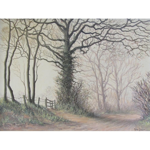 1262 - MIKE GIBSON - EARLY  MORNING COUNTRY LANE, SIGNED OIL ON BOARD, FRAMED, 42CM X 52CM