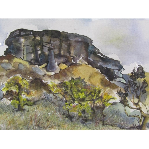 1280 - SANDRA LAWLESS - ROCKY OUTCROP, SIGNED WATERCOLOUR F/G, 28CM X37CM